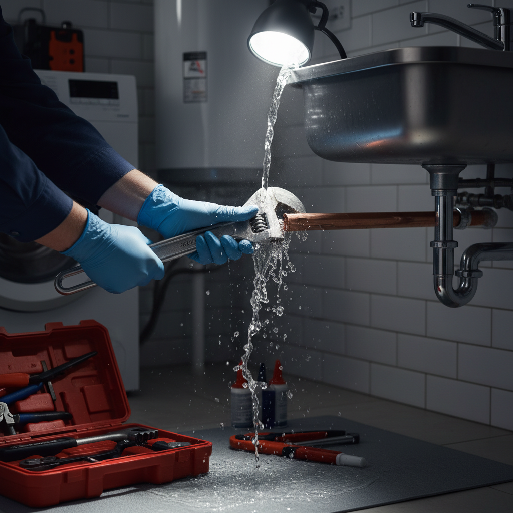 A plumber wearing blue gloves works to fix a leaking copper pipe under a sink with a large wrench, with water splashing down, illustrating 24 hour plumbing services in Magee, CO.