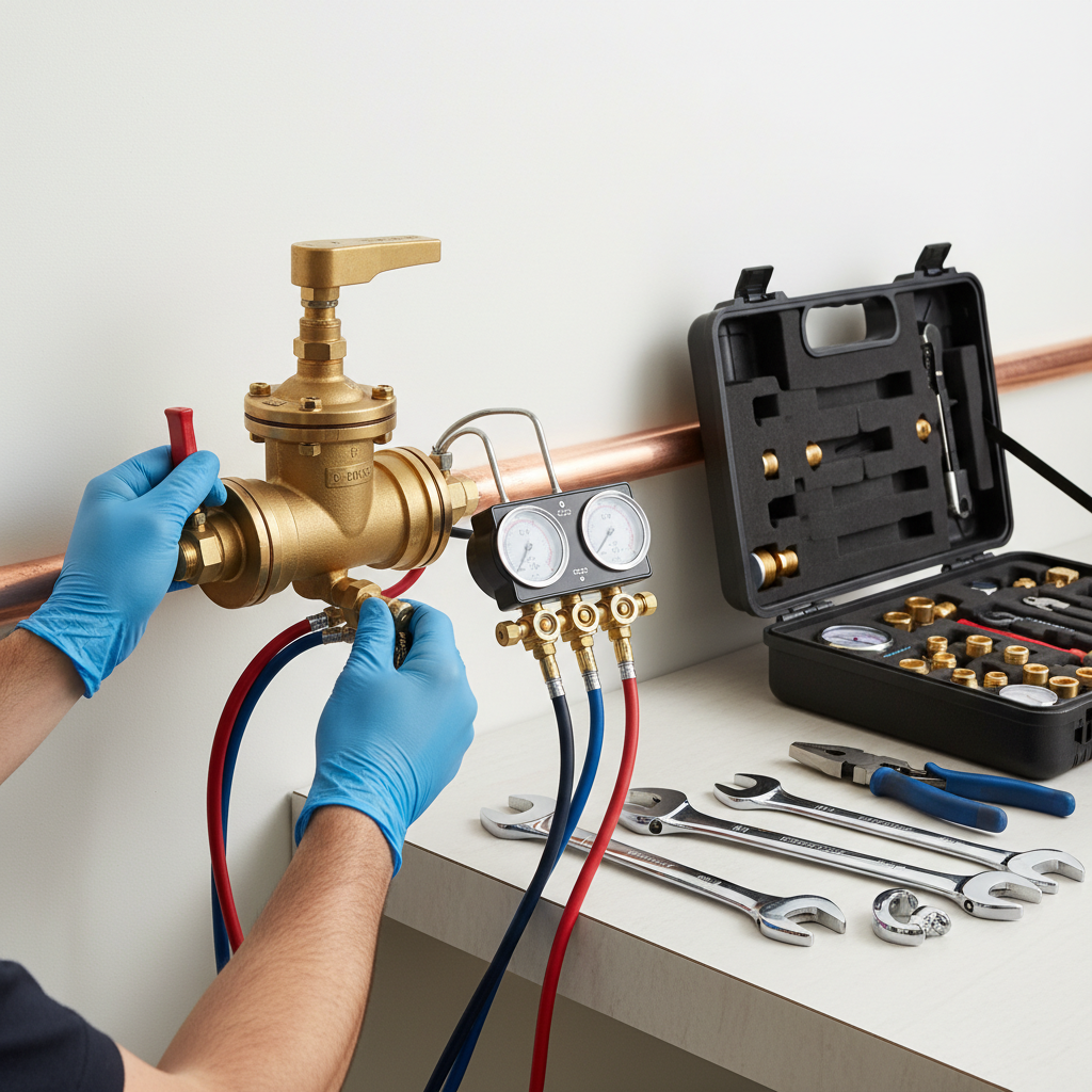 A technician performs backflow prevention services in Dupont, CO, testing a brass backflow device with a gauge set and tools on a workbench.