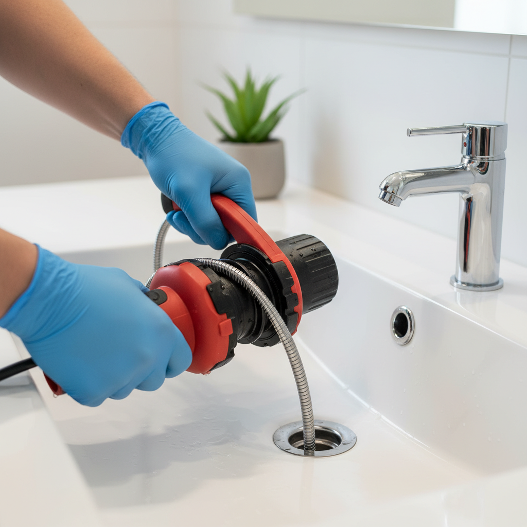 Hands in blue gloves use a drain snake to perform clogged drain repair in a white bathroom sink in Denver, CO.