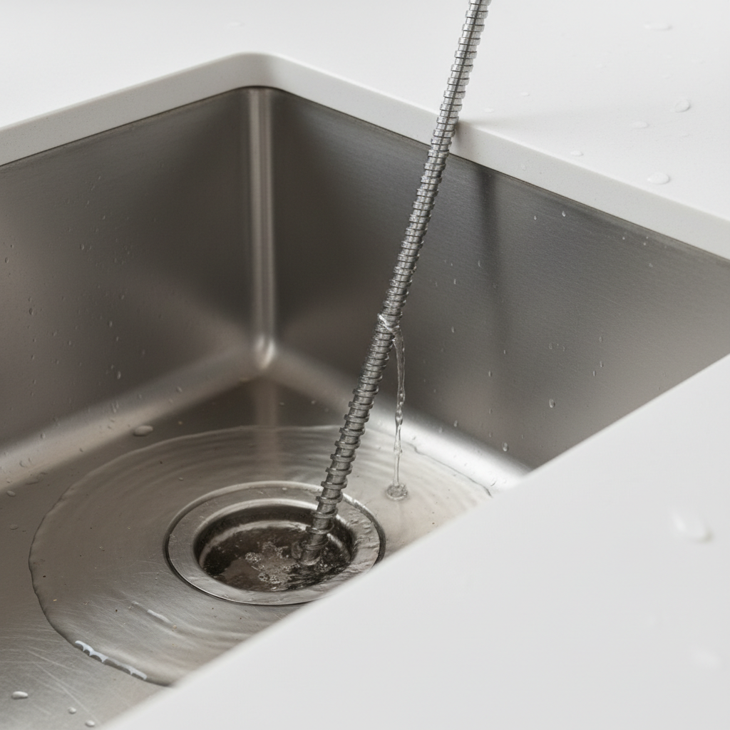 A drain snake going into a shiny stainless steel sink to provide clogged drain repair in Dupont, CO.