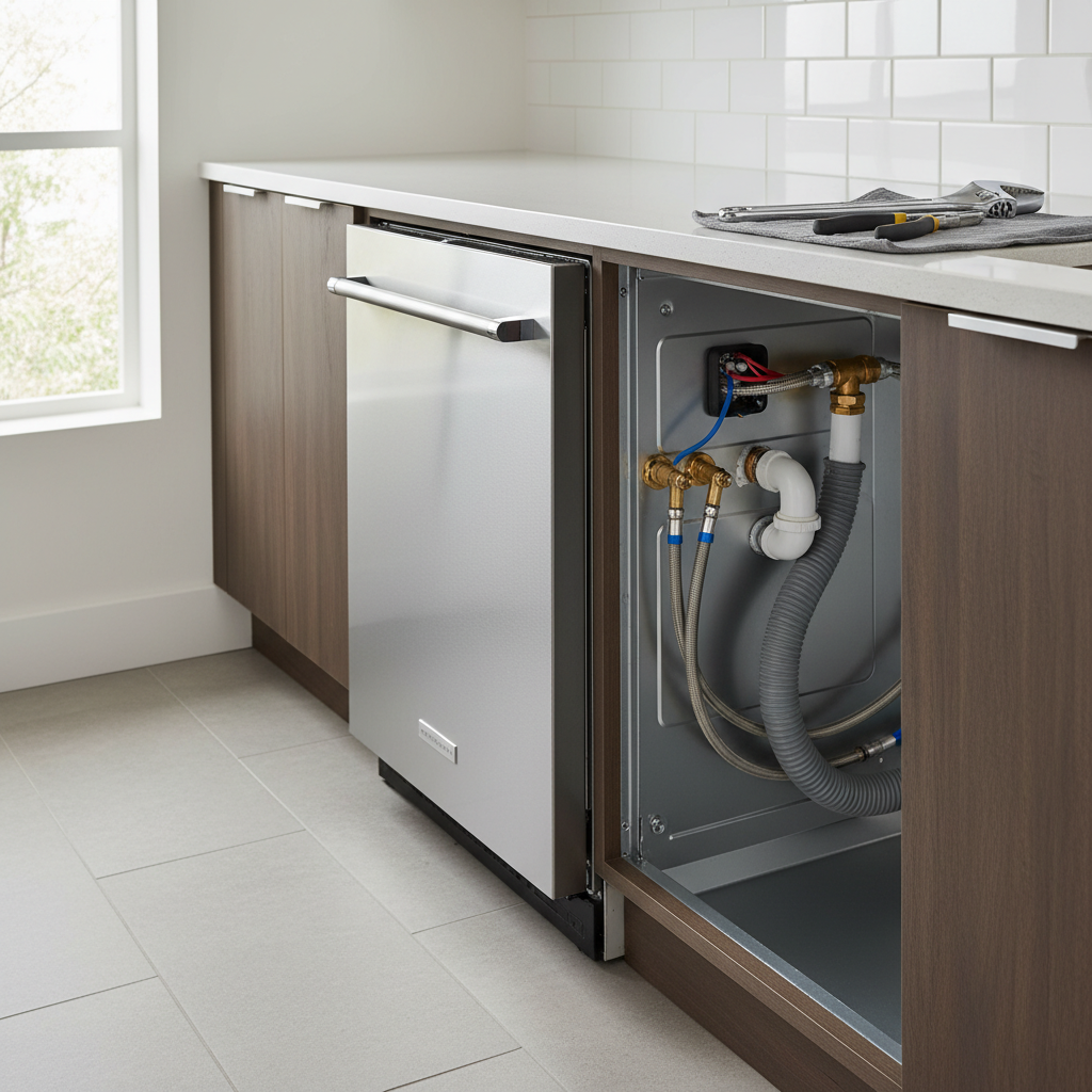 A partially installed stainless steel dishwasher with its side panel removed, showing the plumbing connections, with tools on the counter, representing expert dishwasher installation services in Denver, CO.