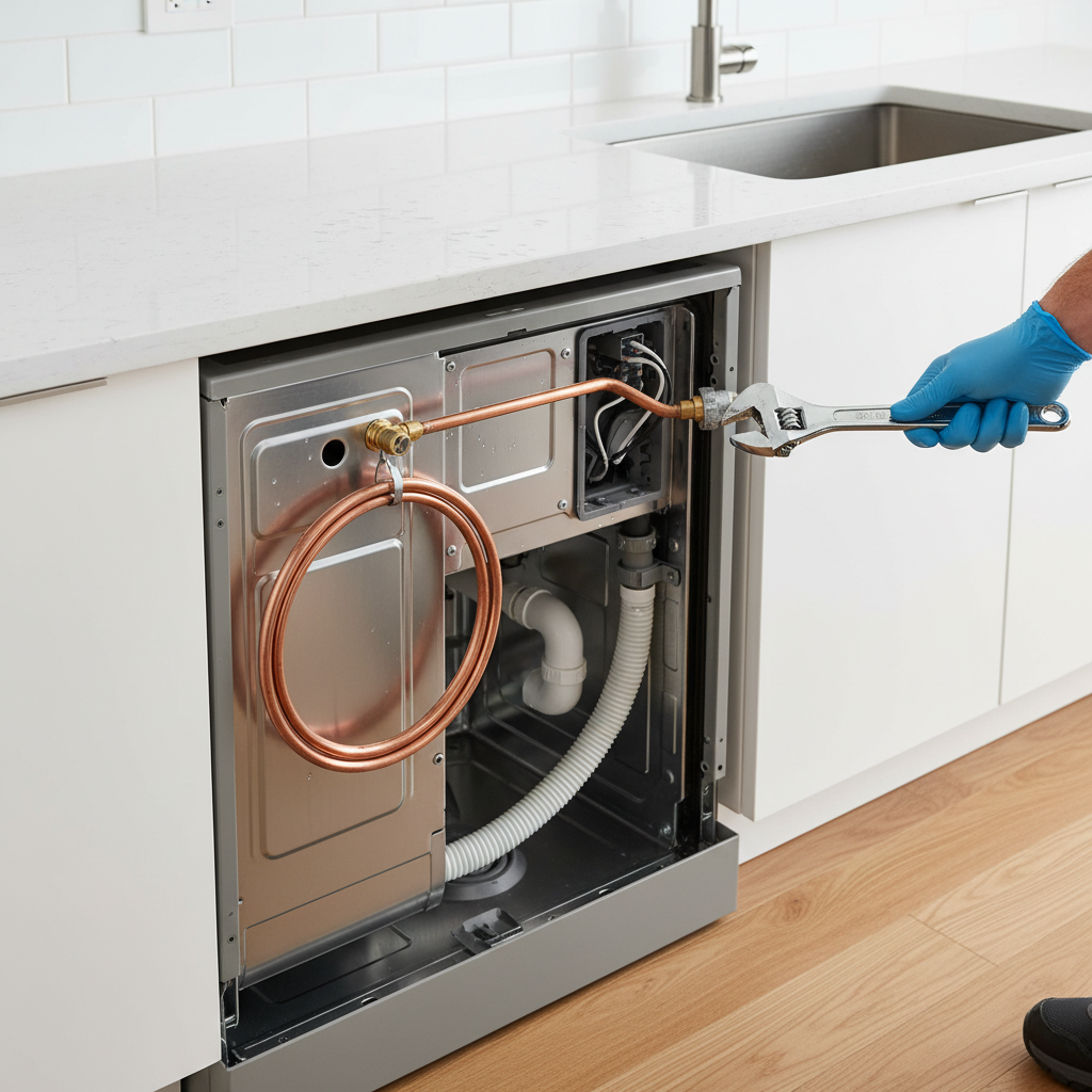 A person's gloved hand tightens a connection on a newly installed dishwasher, highlighting dishwasher installation services in Dupont, CO.