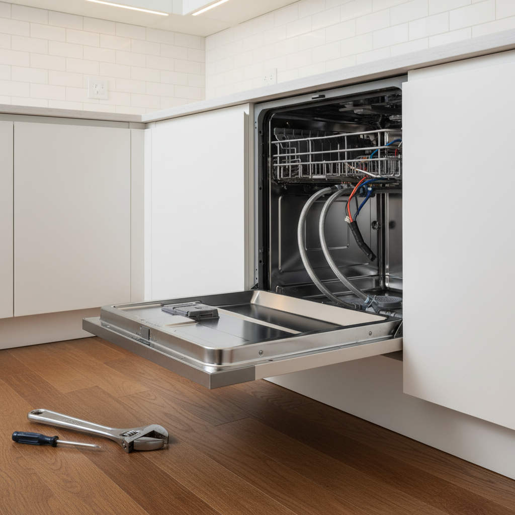 A partially installed dishwasher with its door open and tools on the floor, ready for professional dishwasher installation services in Glendale, CO.