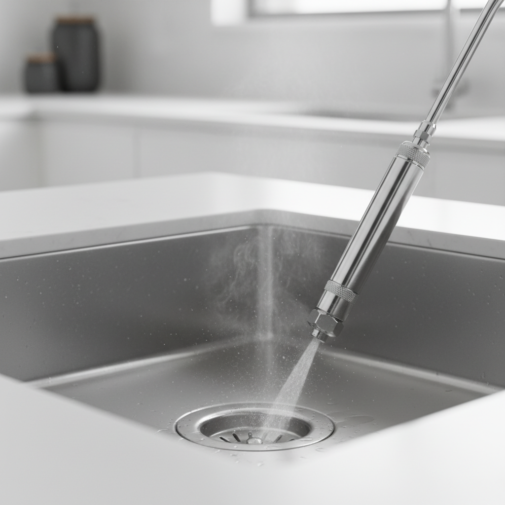 A high-pressure water jet performing drain cleaning in a modern kitchen sink, demonstrating effective services available in Denver, CO.