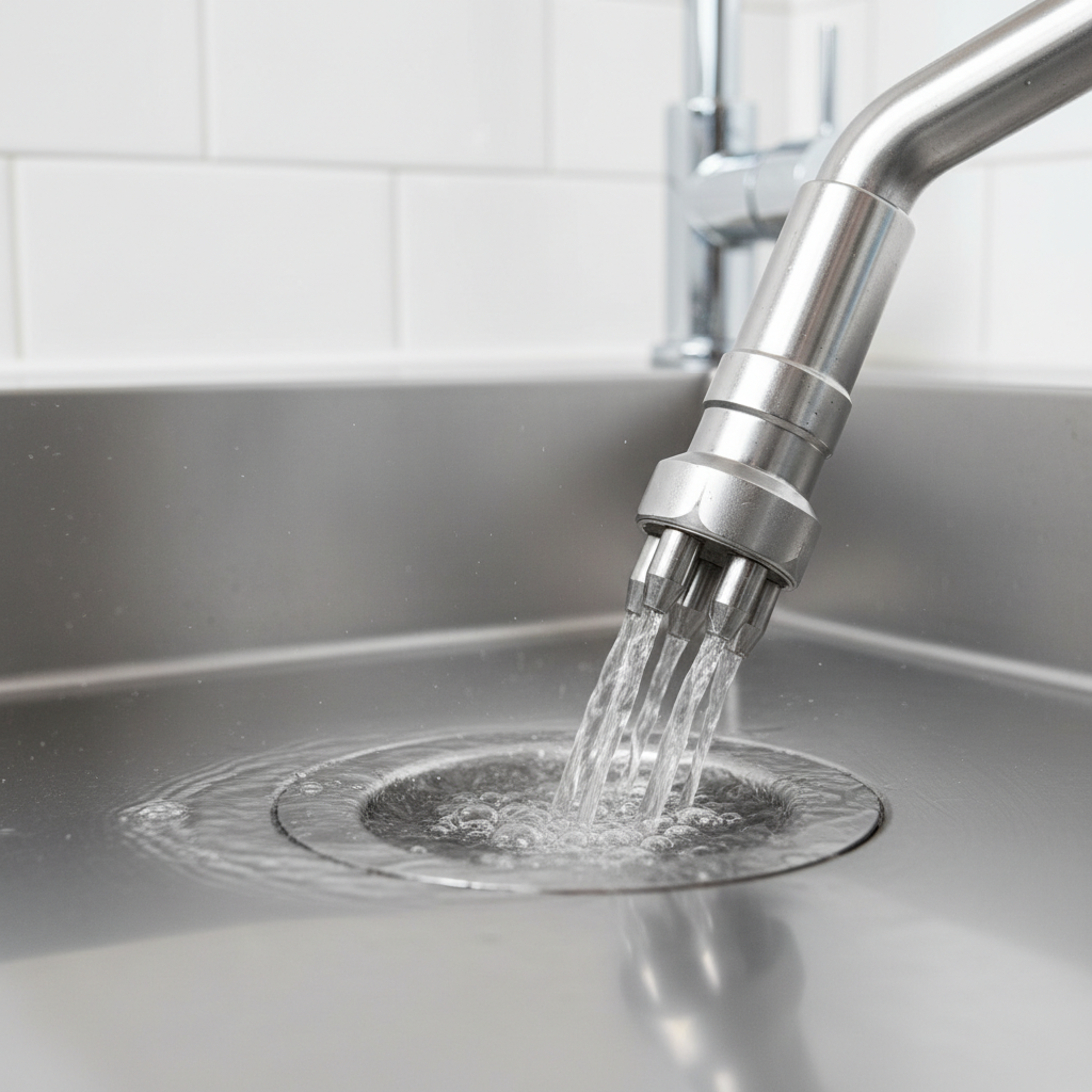 Water flowing into a drain in a stainless steel sink, representing efficient drain cleaning services available in Magee, CO.