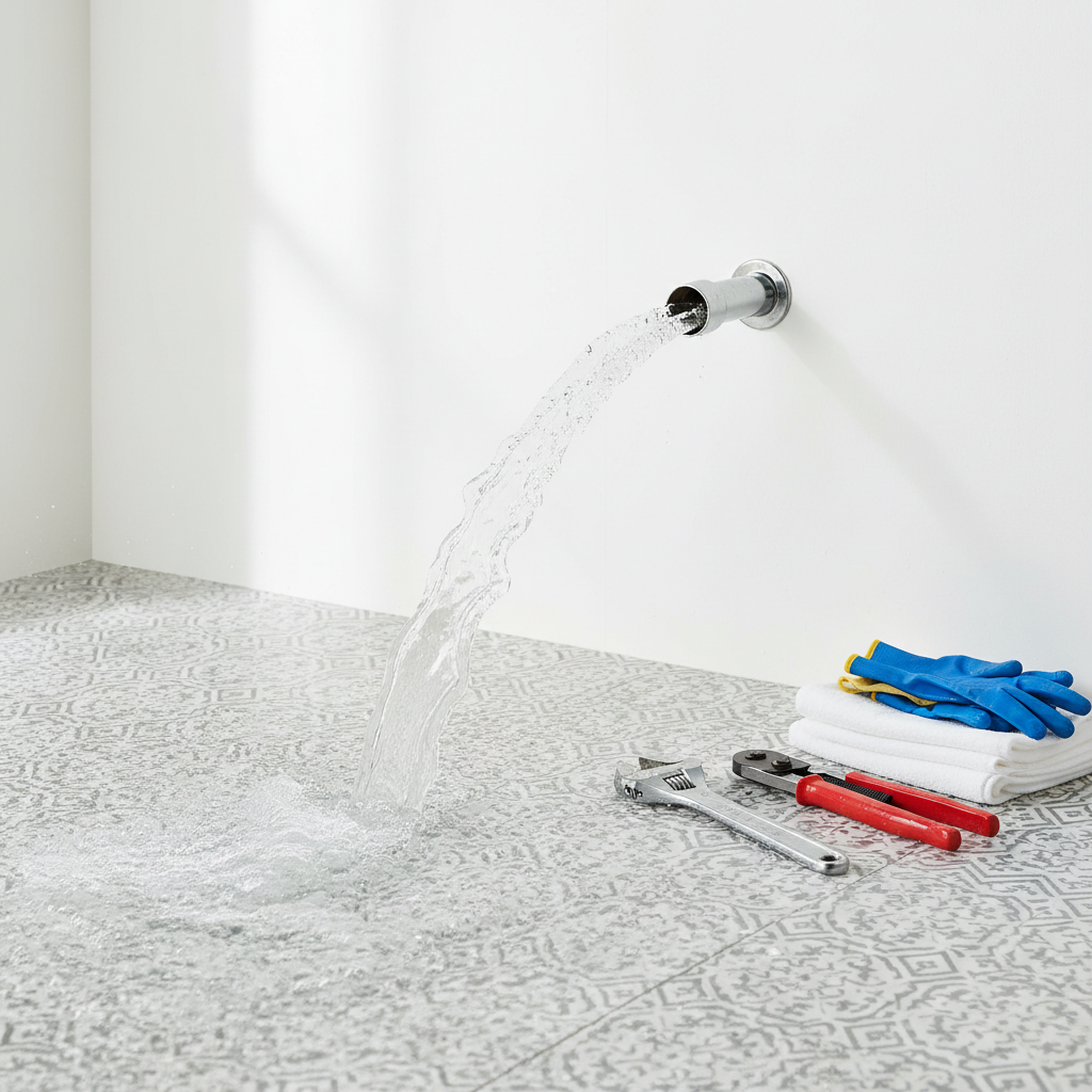 An image showing a water leak from a pipe in a white room with plumbing tools and towels on the floor, indicating the need for emergency plumbing services in Magee, CO.