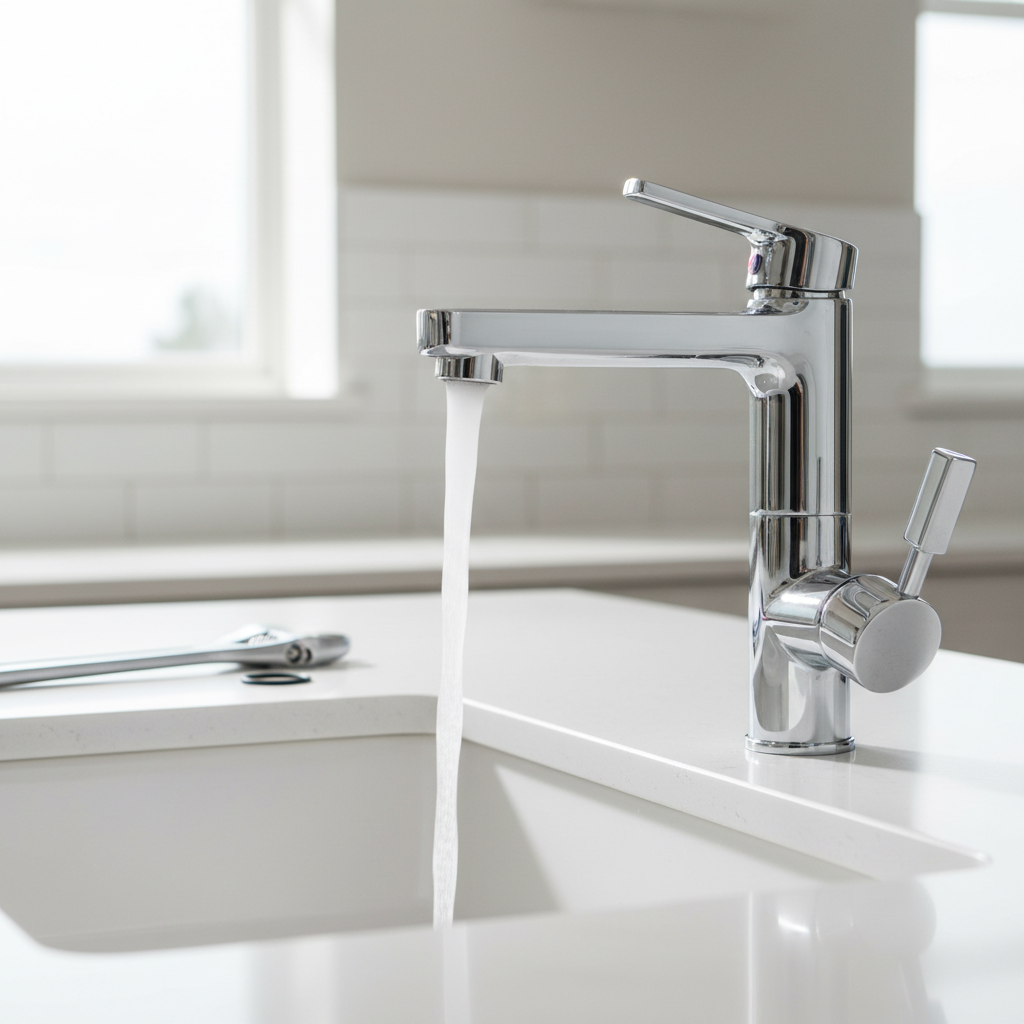 A stream of water flows from a sleek chrome faucet, illustrating expert faucet repair services in Denver, CO.
