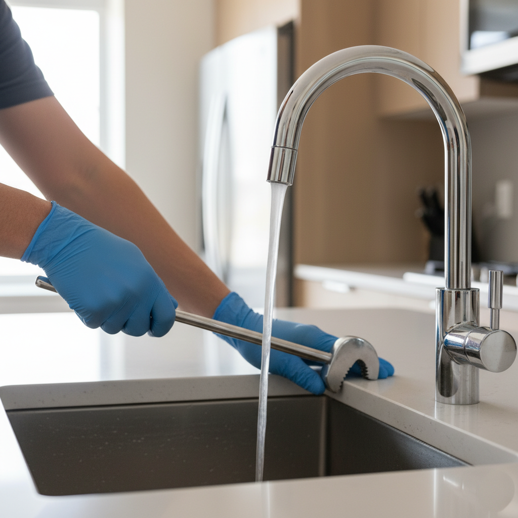 A plumber in blue gloves performs a faucet repair in Magee, CO, on a modern kitchen sink with water running from the tap.