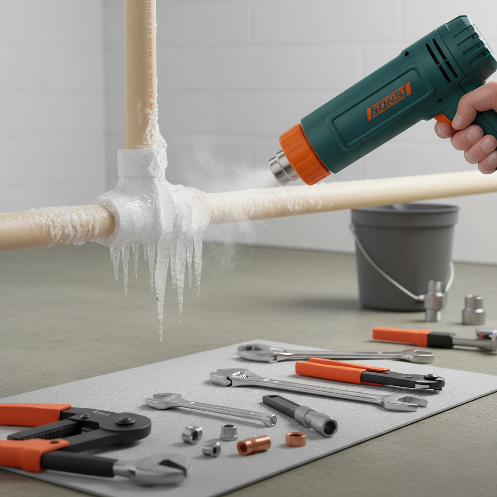 A person uses a heat gun to thaw a frozen pipe with icicles, illustrating frozen pipe repair services available in Four Square Mile, CO.