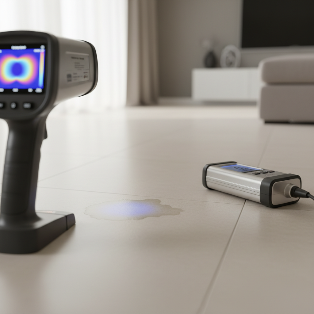 A thermal imaging camera and a leak detection device next to a small puddle on a tiled floor, illustrating leak detection services in Four Square Mile, CO.