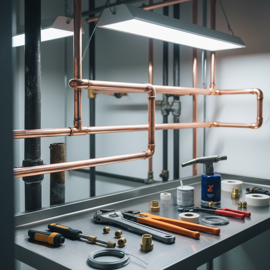 A close-up shot of copper pipes and various plumbing tools on a workbench, illustrating expert pipe replacement services in Denver, CO.