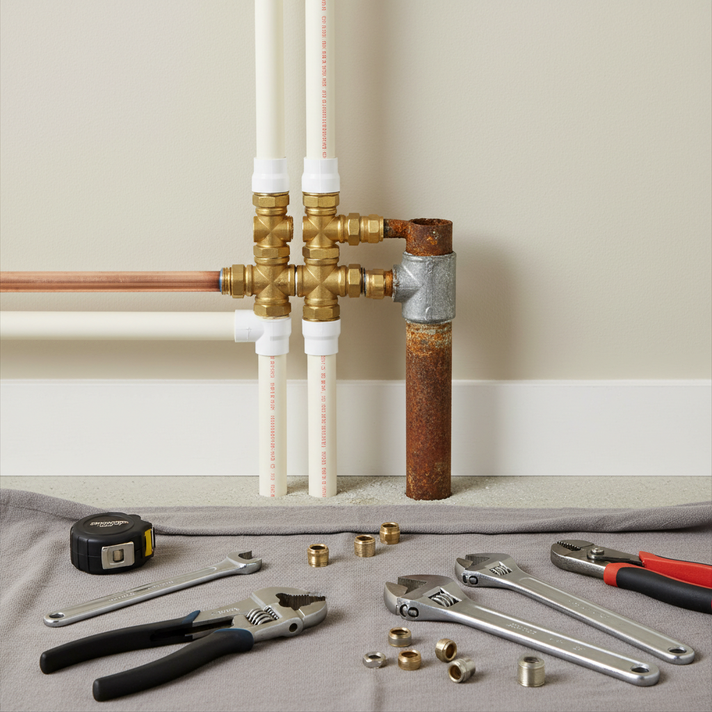 Tools and new piping connections next to a corroded pipe, illustrating pipe replacement services in Dupont, CO.