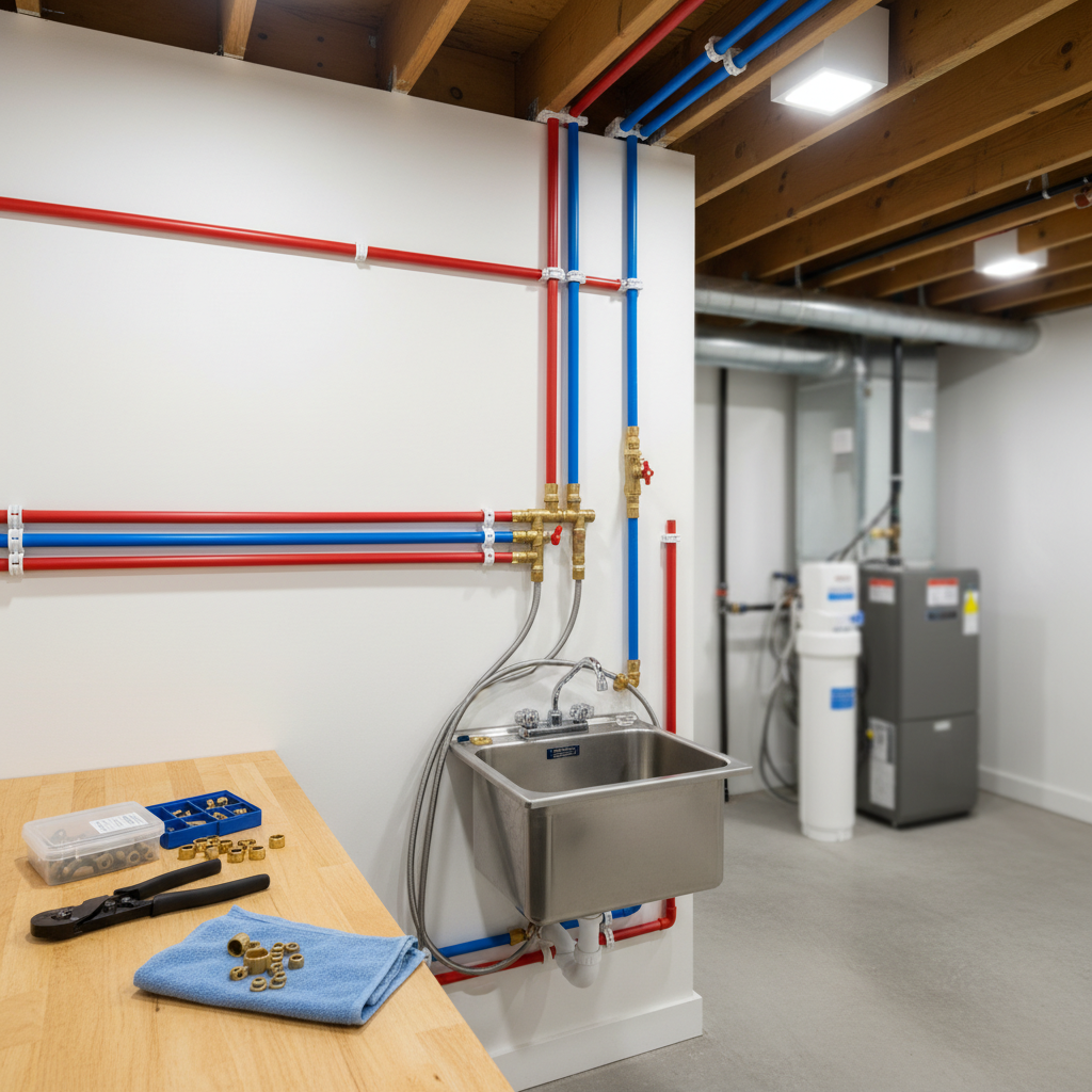 New red and blue PEX pipes installed above a utility sink, with tools on a workbench, illustrating a pipe replacement service in Four Square Mile, CO.
