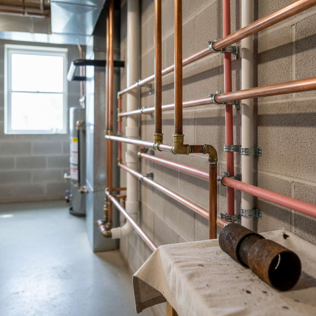 Close-up of new copper and PVC pipes installed in a basement, highlighting recent pipe replacement services in Magee, CO, with an old rusty pipe section in the foreground.