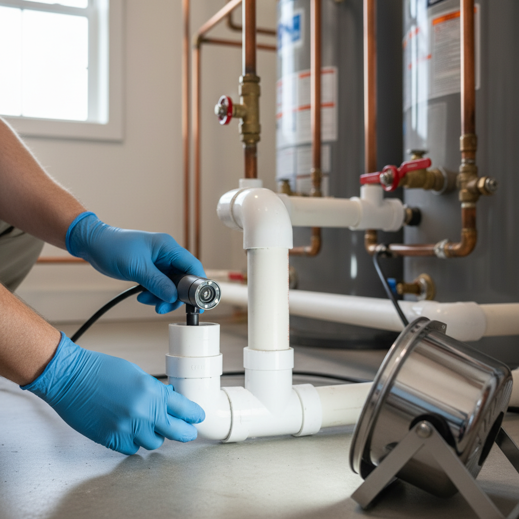 A plumber in blue gloves performs plumbing maintenance, inspecting a white PVC pipe system with a borescope near a water heater in Sable, CO.