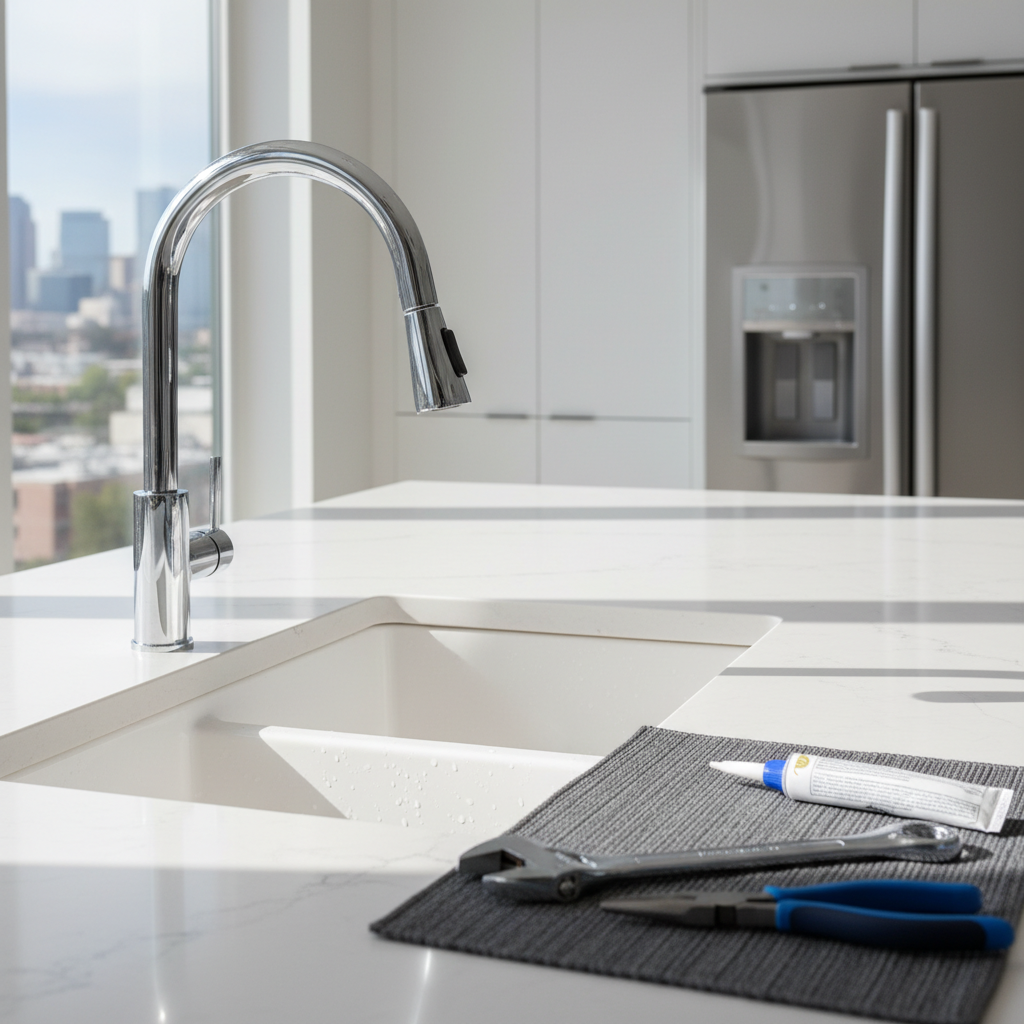Tools laid out on a kitchen counter in a modern Denver, CO home, ready for residential plumbing service.