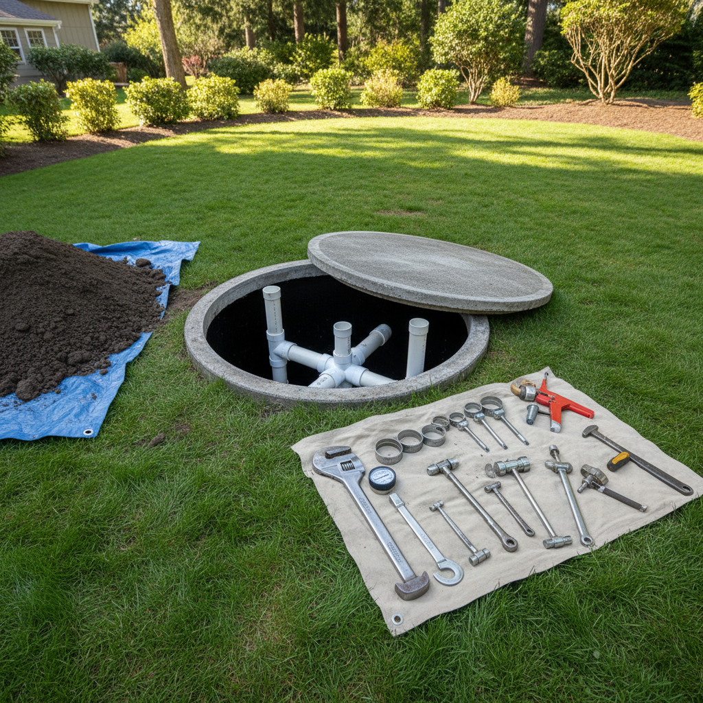 Tools laid out next to an open septic tank in a grassy yard, ready for septic tank repair services in Dupont, CO.
