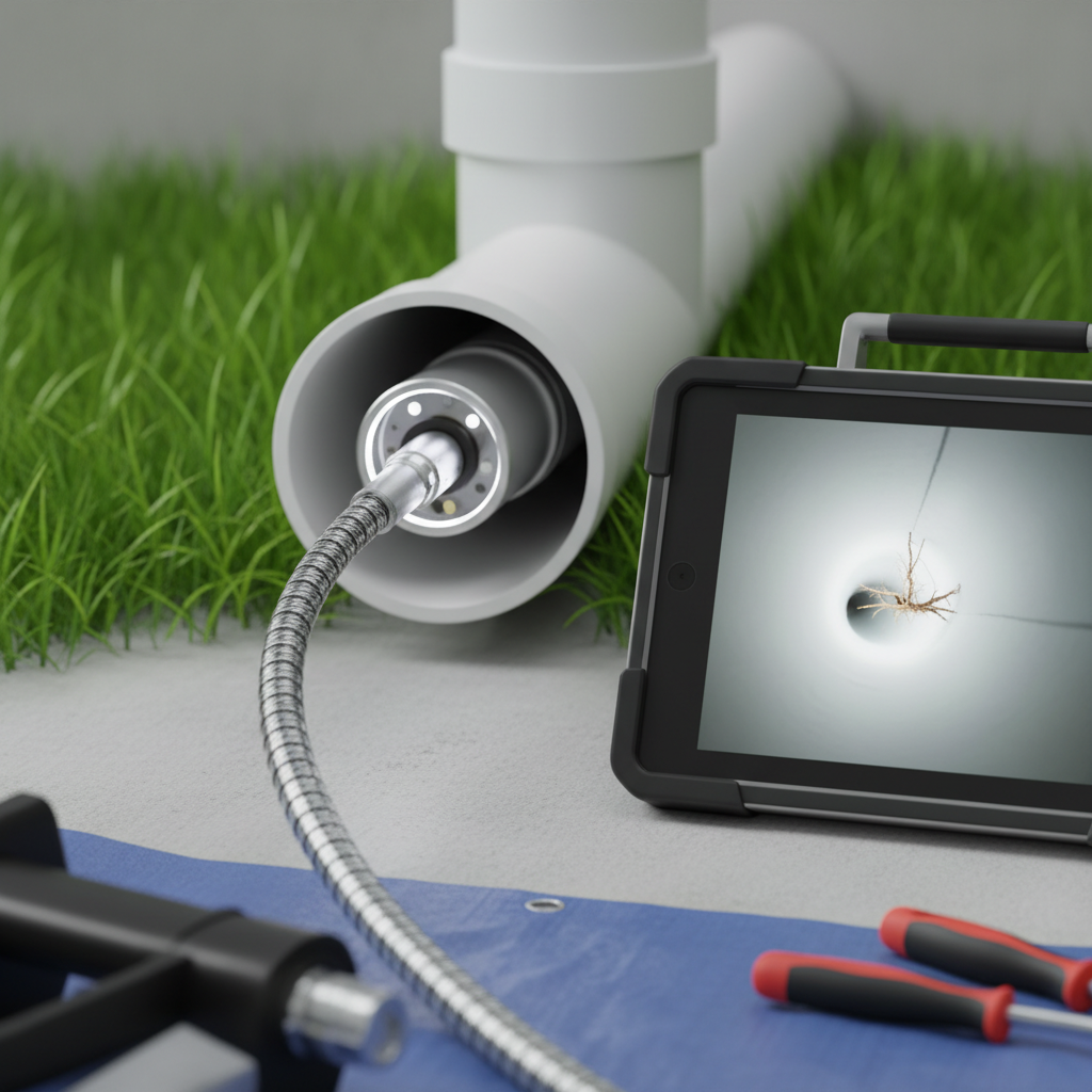 A sewer inspection camera in Denver, CO, with its monitor displaying a root obstruction inside a pipe.