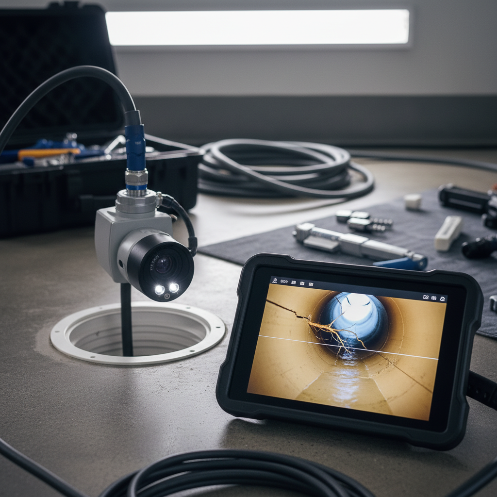 Sewer inspection equipment in Dupont, CO, with a camera extended into a pipe and a tablet displaying the camera's view of cracks and water inside the pipe.