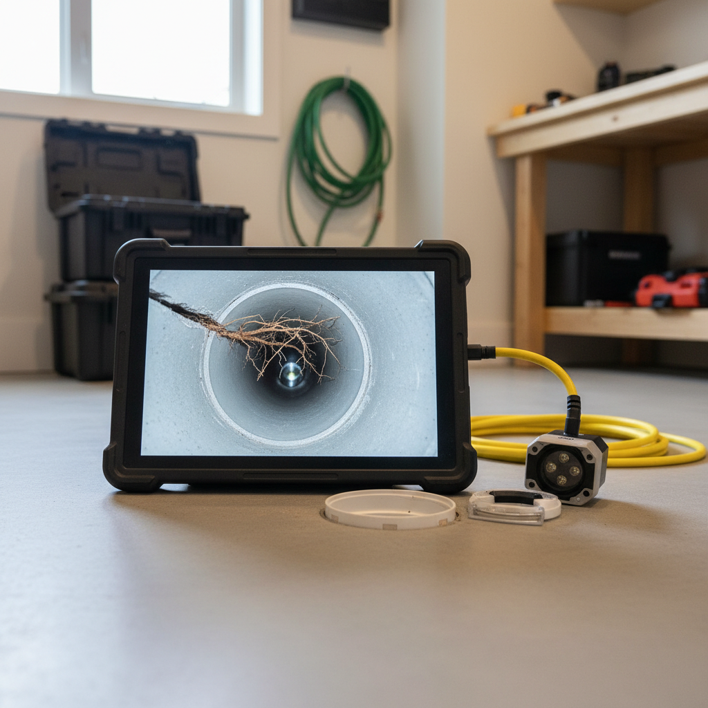 A tablet displays a sewer inspection camera view showing tree roots inside a pipe, illustrating sewer inspection services in Four Square Mile, CO.