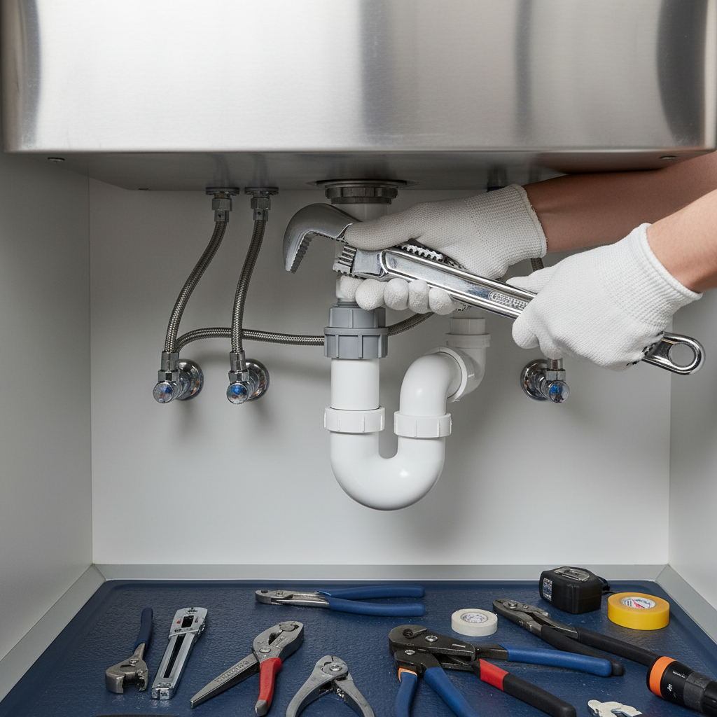 A close-up of a plumber's gloved hands using a wrench to perform sink repair under a stainless steel sink in Four Square Mile, CO, with various tools laid out below.