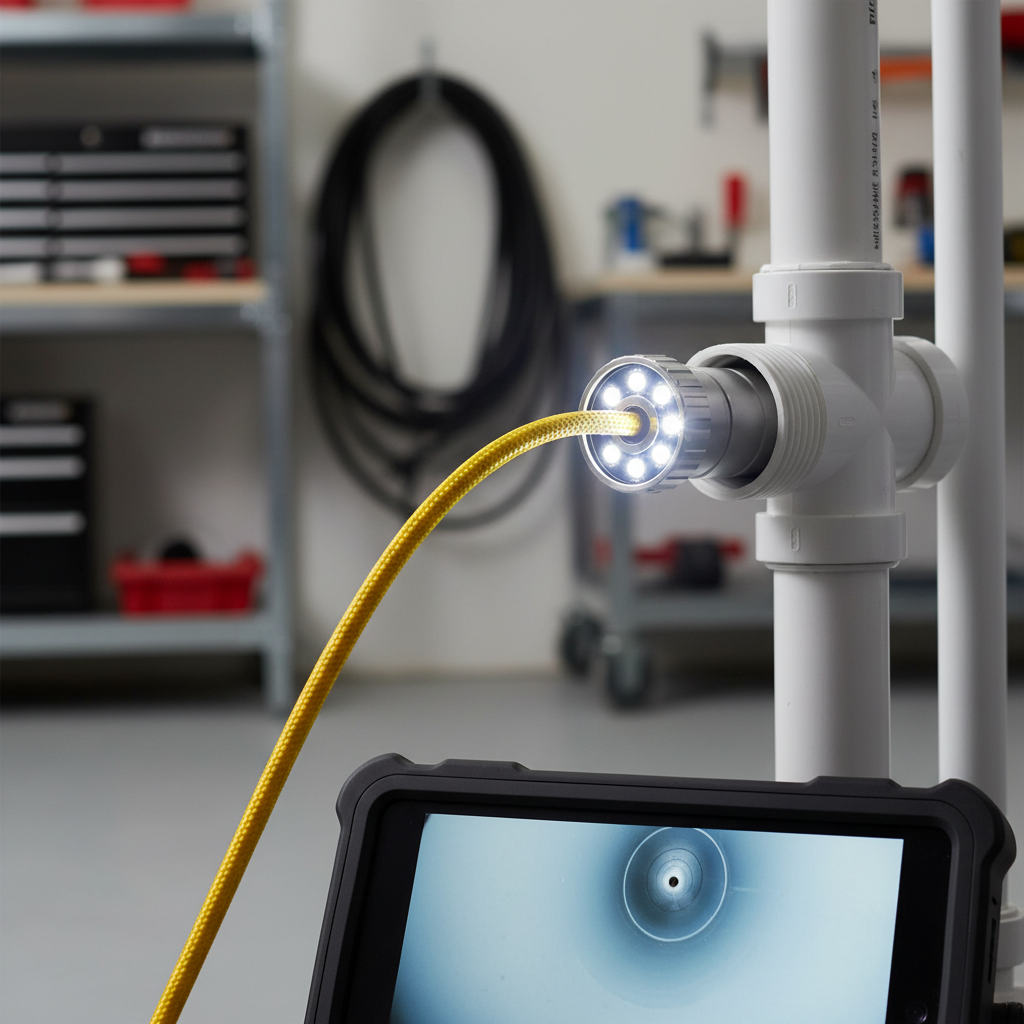 A close-up view of a lighted video camera line inspection tool entering a pipe, with a technician monitoring the feed on a tablet, illustrating video camera line inspection services in Dupont, CO.