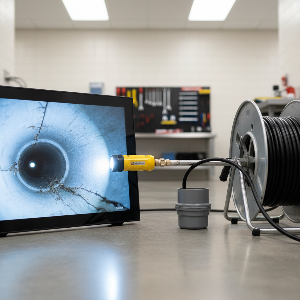 A screen displays an image of the inside of a pipe with cracks, next to a camera attached to a cable reel for video camera line inspection services in Glendale, CO.