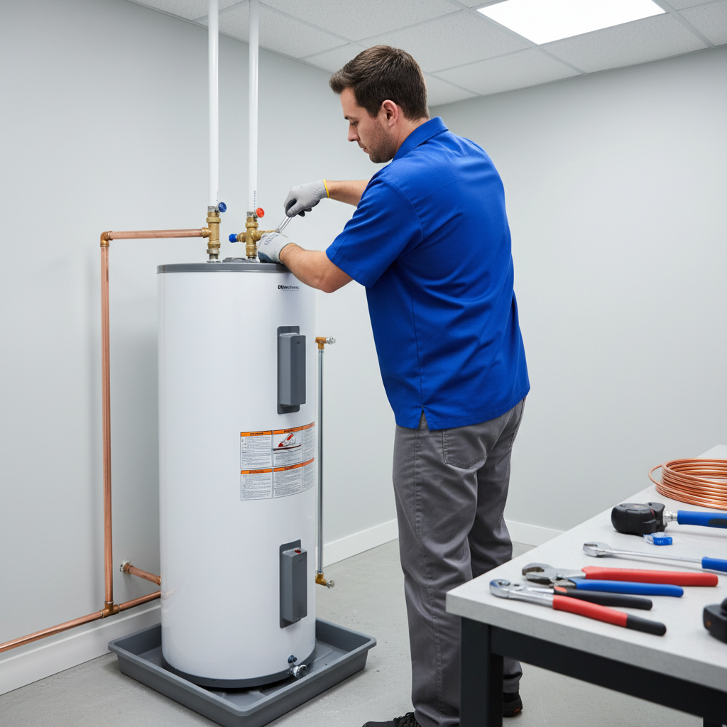 A professional technician performs water heater installation in Glendale, CO, adjusting pipes on a new water heater.