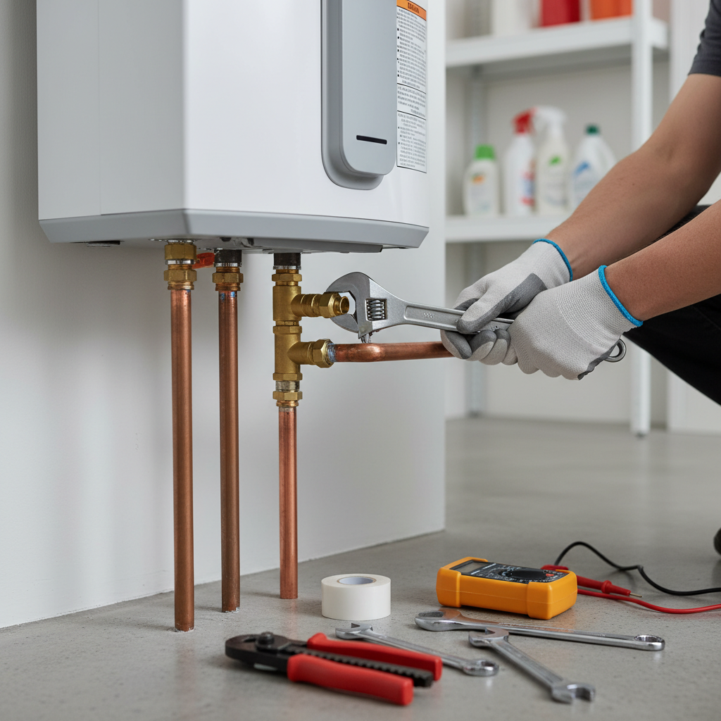 A technician performing water heater repair in Glendale, CO, tightening a pipe on a water heater with a wrench, surrounded by tools.