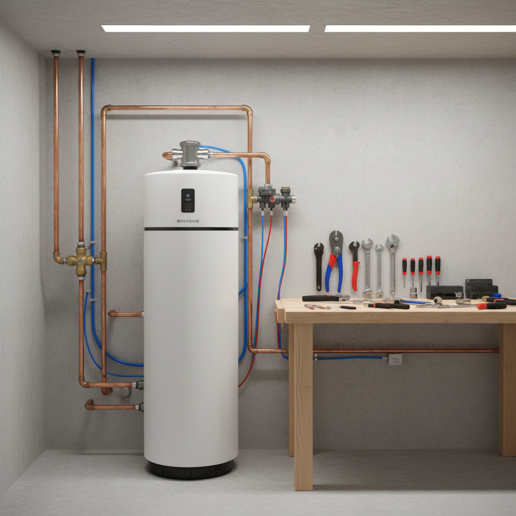 A clean, well-lit basement or utility room with a newly installed water softener system and various tools on a workbench, ready for water softener installation services in Dupont, CO.