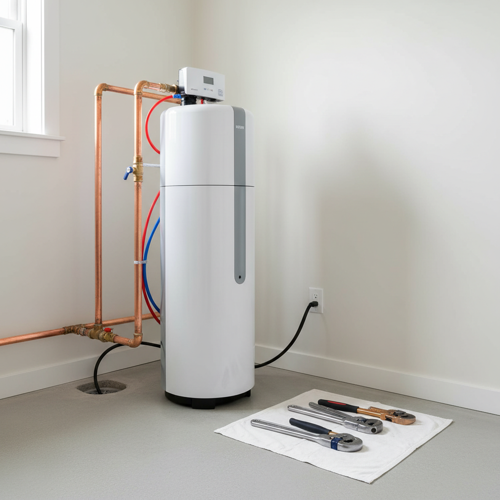 A water softener unit with copper pipes and installation tools, ready for water softener installation in Glendale, CO.