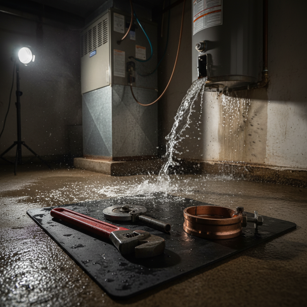 Plumbing tools rest on a wet floor in a North Washington, CO, basement as water pours from a water heater, highlighting the need for 24 hour plumbing services.