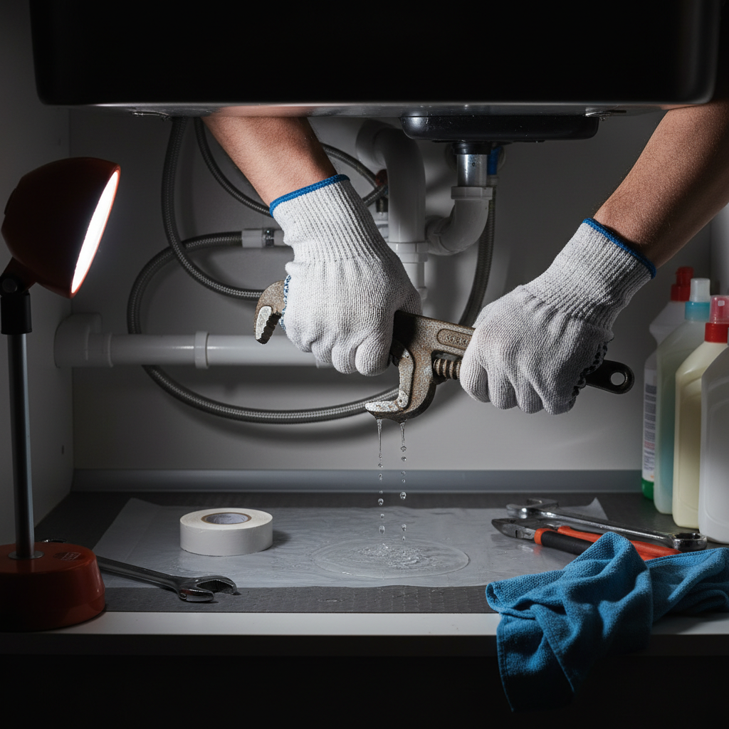 A plumber's gloved hands use a wrench to fix a leaky pipe under a sink, illuminated by a task lamp, representing 24 hour plumbing services in Welby, CO.