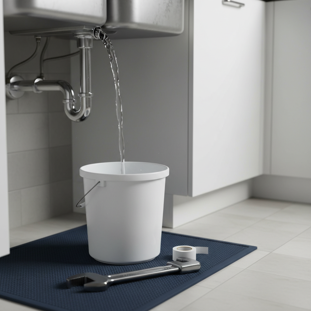 A leaky kitchen sink with water dripping into a white bucket, indicating the need for 24 hour plumbing services in Western Hills, CO.