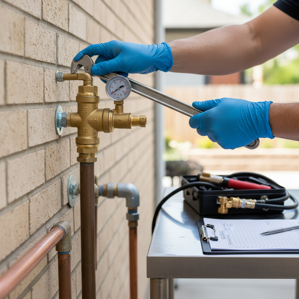 A technician in blue gloves performs backflow prevention services on a brass plumbing system with a pressure gauge outside a brick building in Alamo Placita, CO.