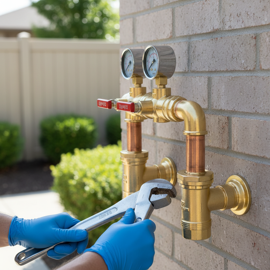 A technician in blue gloves uses a wrench to service a backflow prevention device installed on a brick wall in Aurora, CO.
