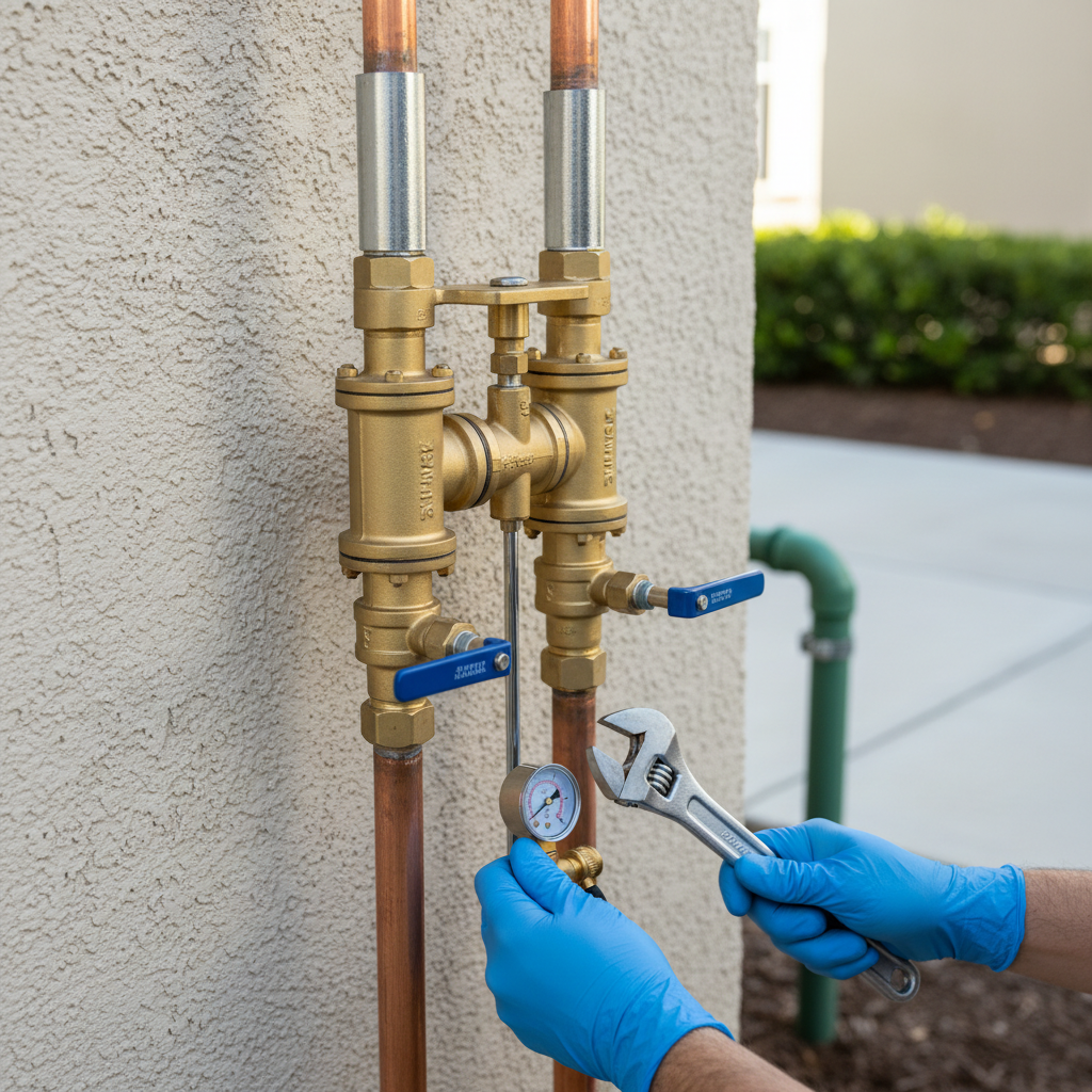 A plumber in blue gloves performs backflow prevention service in Eno, CO, adjusting a brass backflow device connected to copper pipes with a wrench.