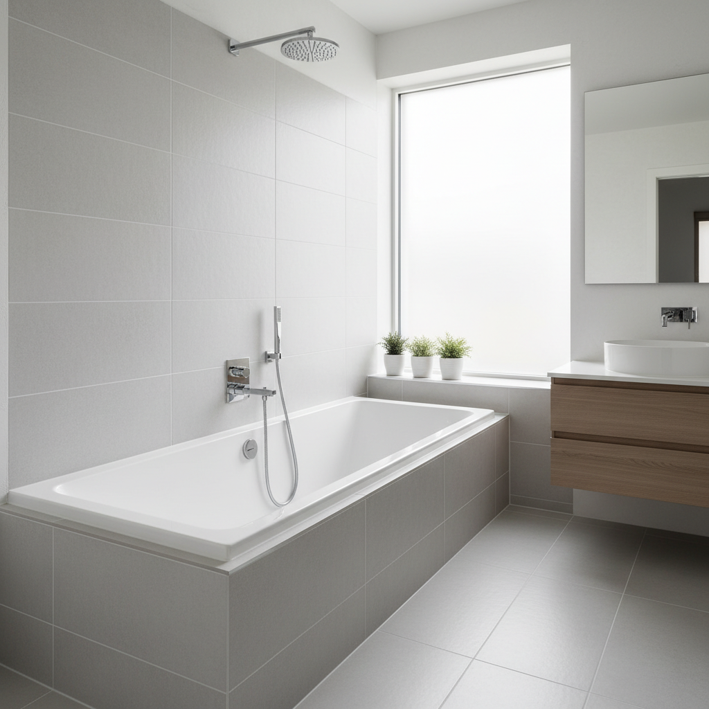 A modern bathroom featuring a sleek bathtub and shower, showcasing expert bathtub installation services in Derby, CO.