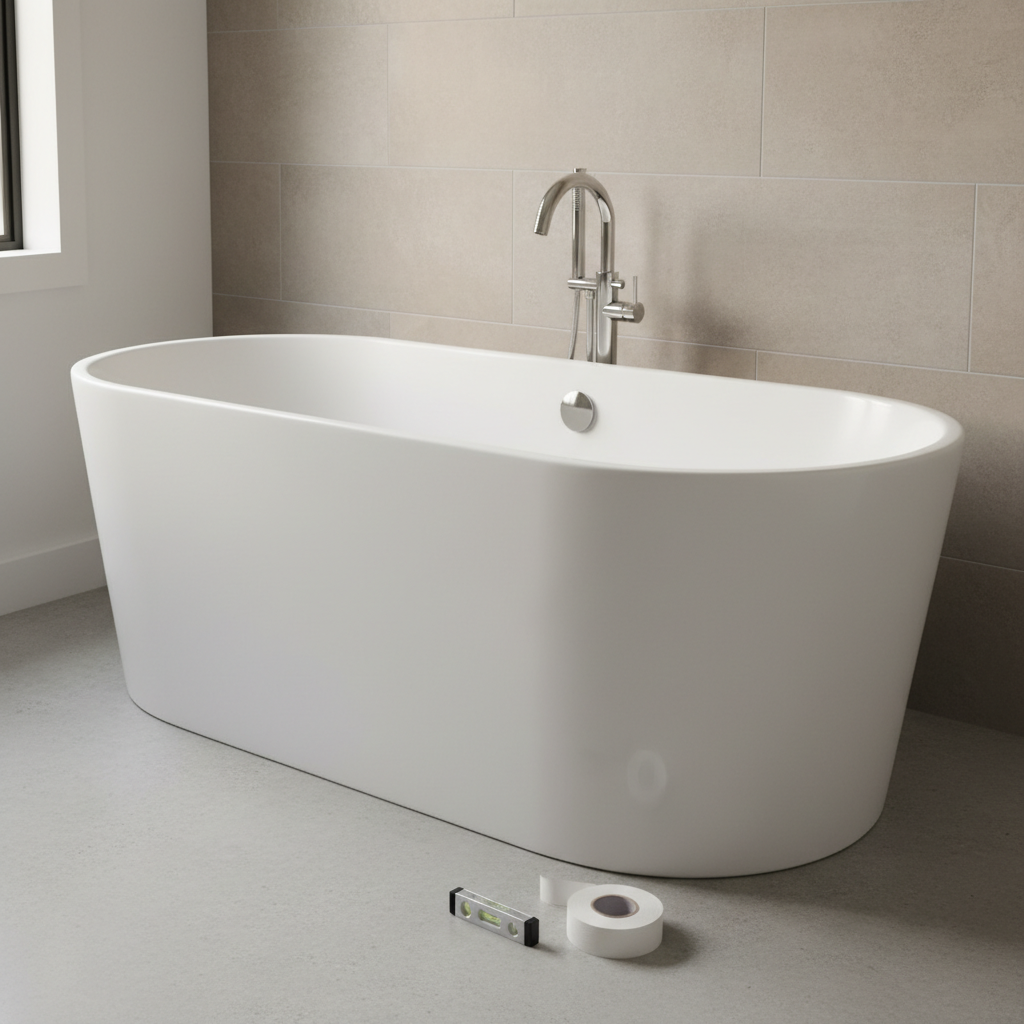 A sleek white freestanding tub with a chrome faucet in a modern bathroom, featuring tools on the floor suggesting bathtub installation services in Holly Hills, CO.
