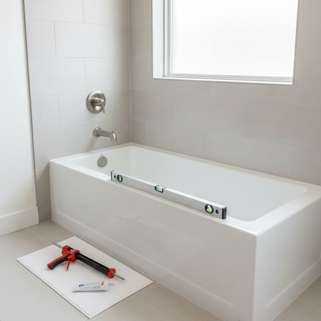 A level resting on a new white bathtub, ready for professional bathtub installation services in Sherrelwood, CO.
