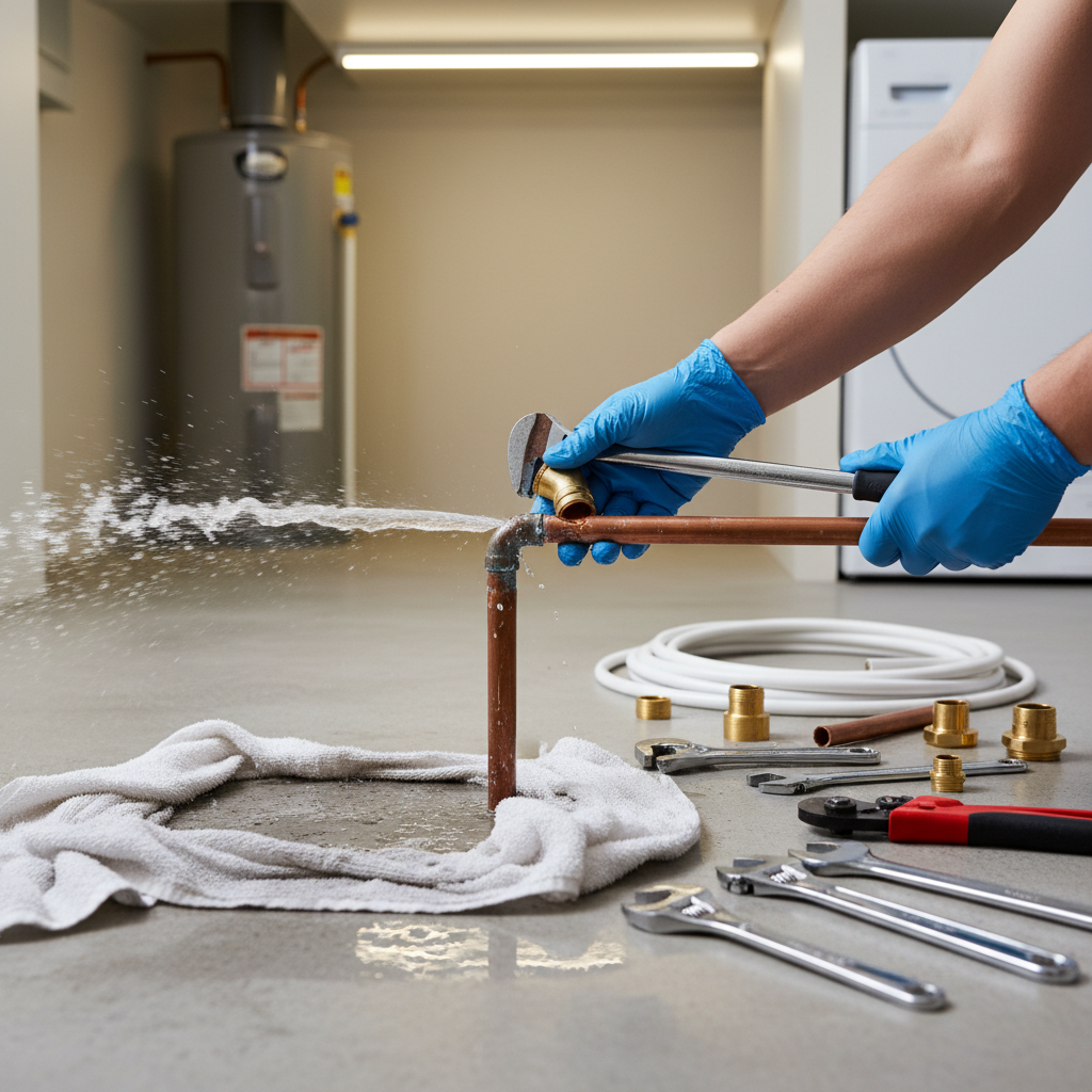 A plumber in Aurora, CO, performs burst pipe repair on a leaking copper pipe, with water spraying from the damaged section.