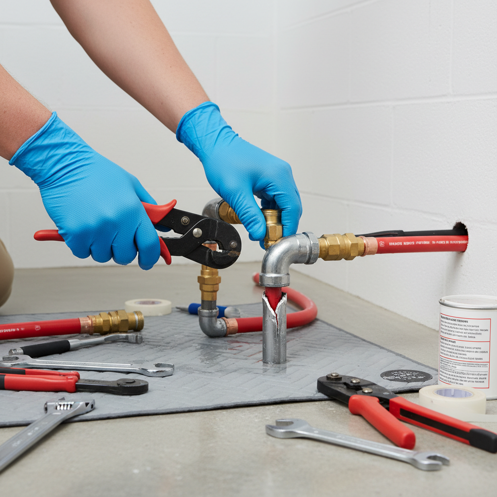 A plumber in blue gloves uses a wrench to fix a burst pipe, illustrating expert burst pipe repair services in Mountain View, CO.