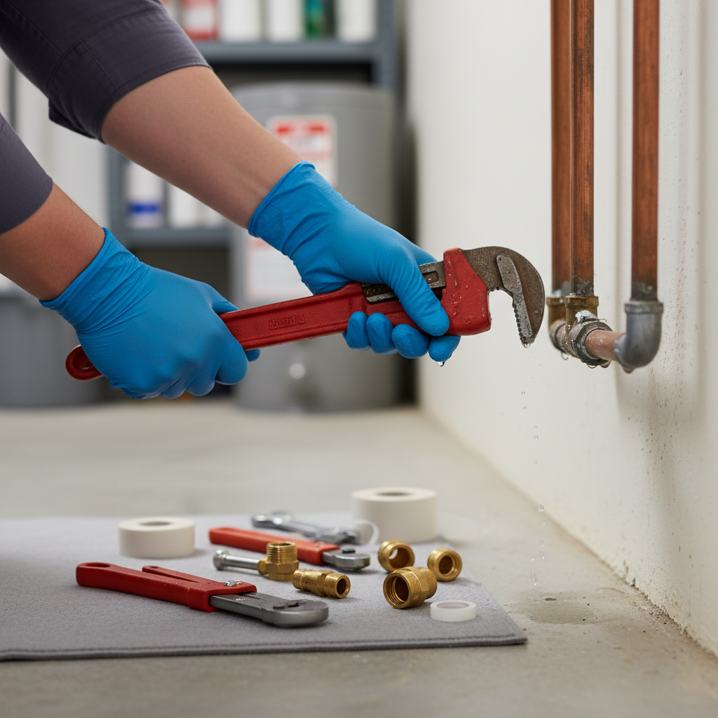 A person wearing blue gloves uses a pipe wrench to perform burst pipe repair on a leaking pipe in Welby, CO, with other tools and fittings laid out nearby.