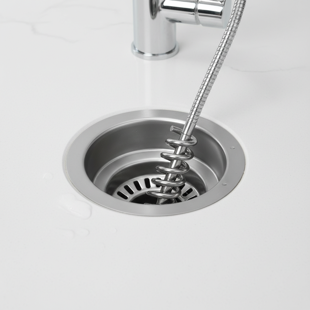 A close-up of a drain snake being used in a white sink, illustrating clogged drain repair services in Derby, CO.