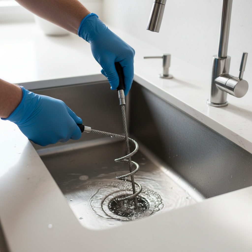 A person wearing blue gloves uses a drain snake to perform clogged drain repair on a kitchen sink in Twin Lakes, CO.