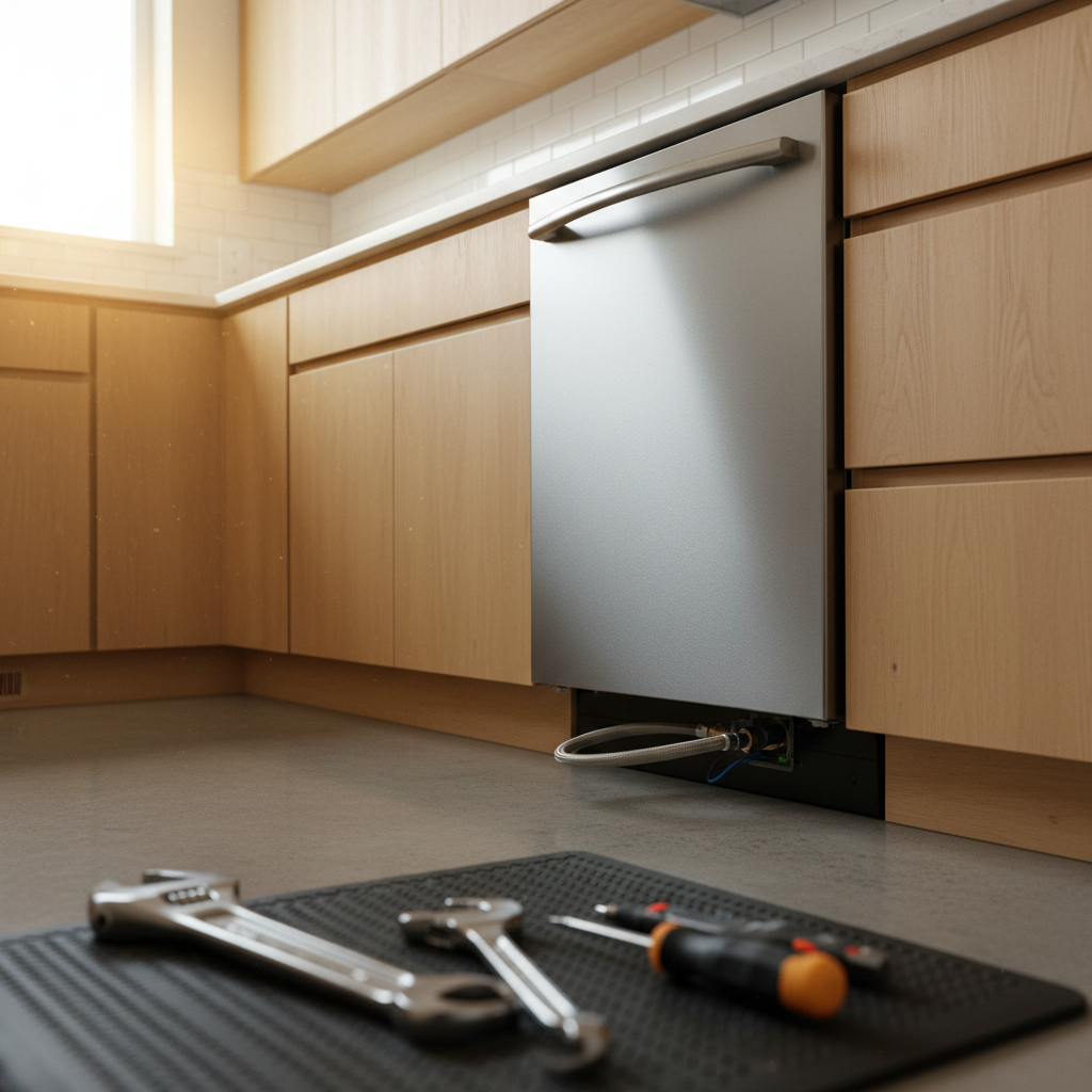 Tools lie on the floor in front of a partially installed dishwasher in a modern kitchen, illustrating professional dishwasher installation services in Hazeltine, CO.