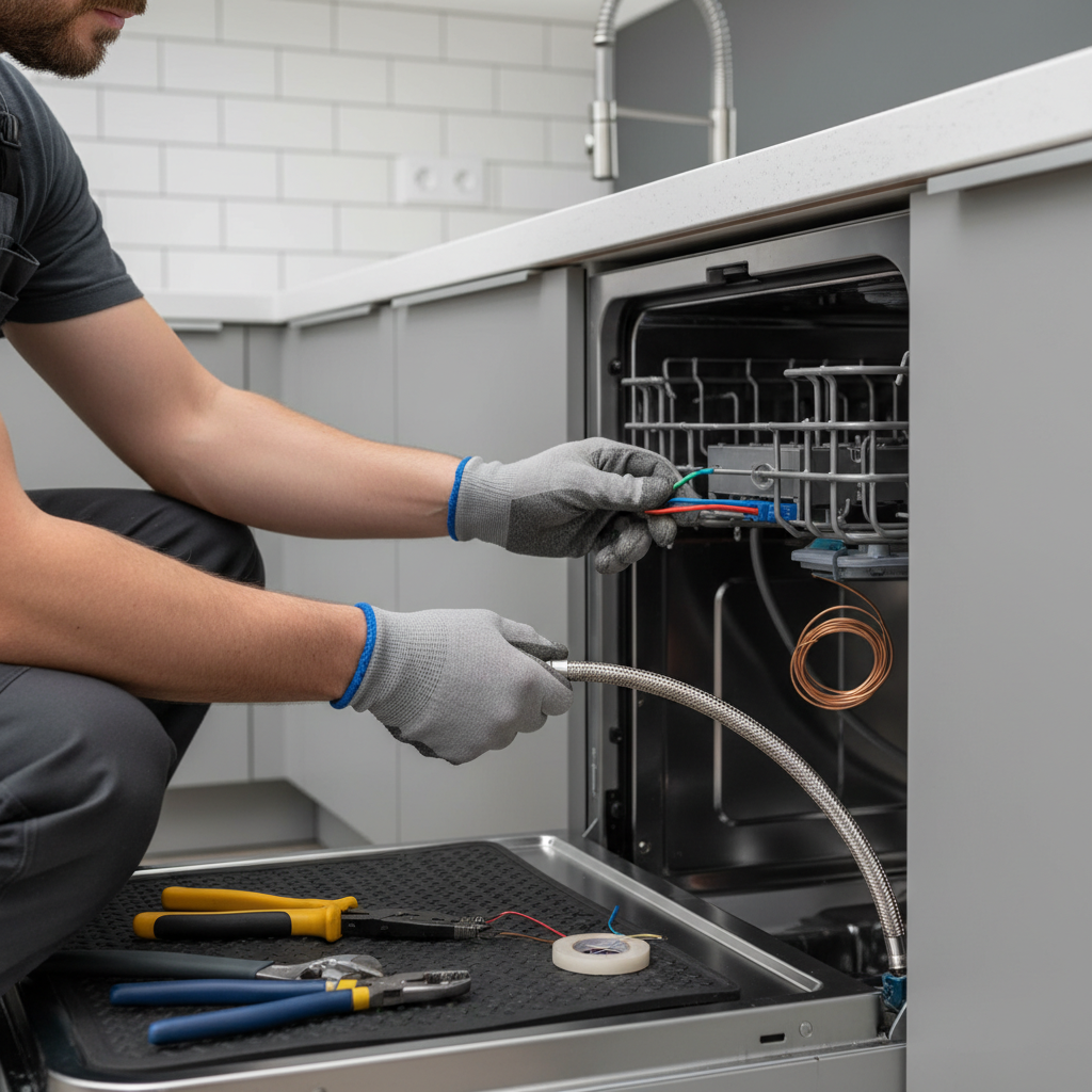 A technician in Irondale, CO performs a dishwasher installation, connecting wiring and hoses to a new dishwasher in a modern kitchen.