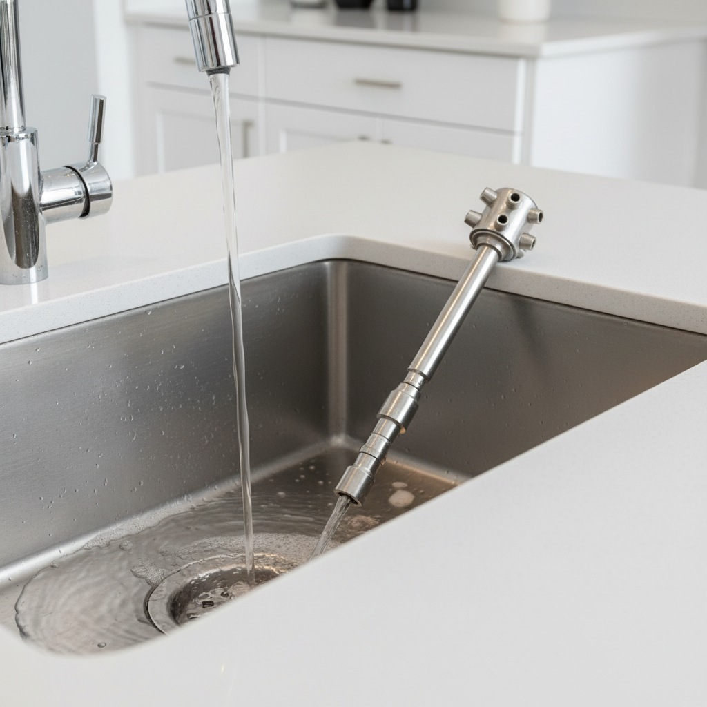 A specialized drain cleaning tool uses water pressure to clear a clogged sink drain, illustrating effective drain cleaning services in Irondale, CO.