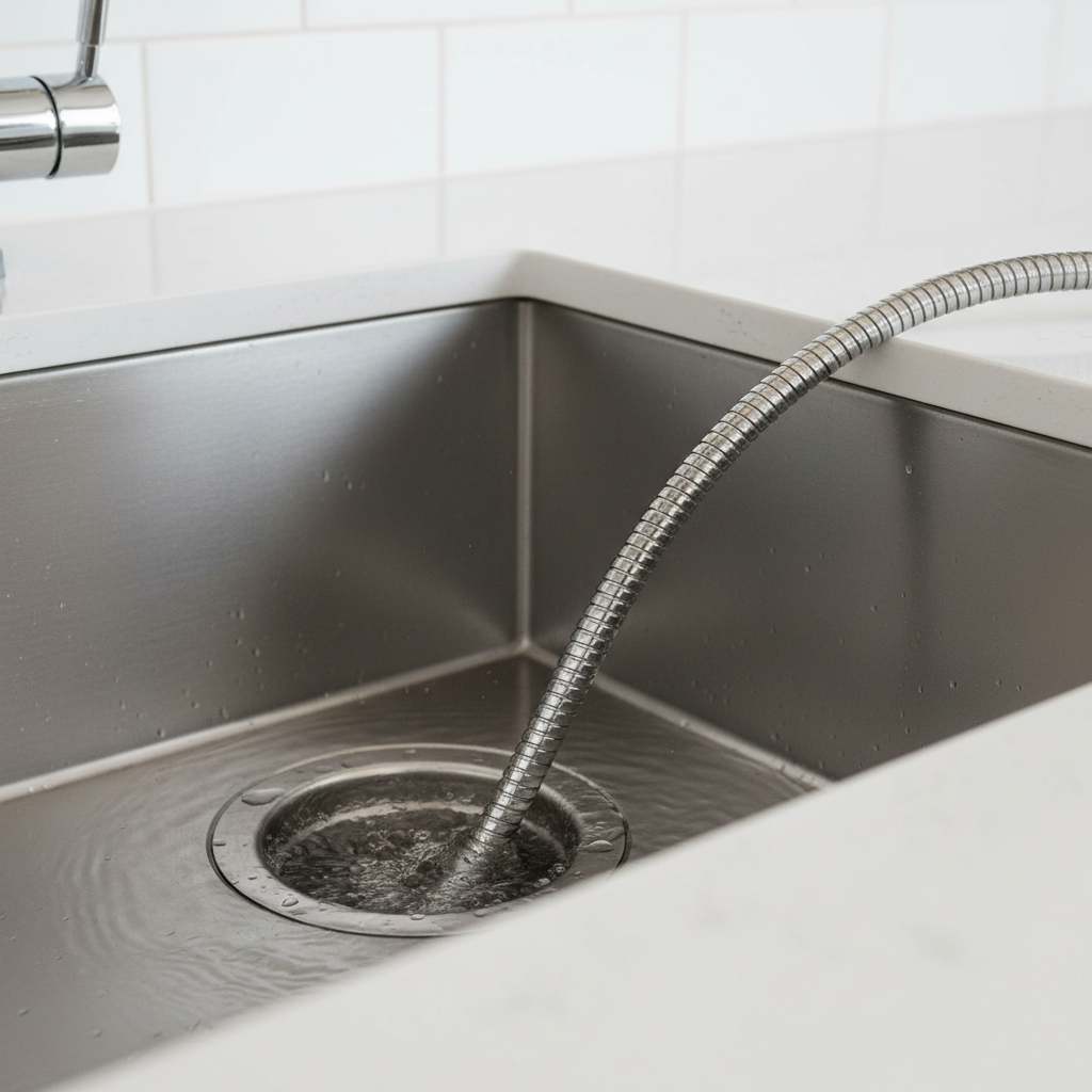 A flexible metal hose is inserted into a stainless steel sink drain, demonstrating drain cleaning services in Rolla, CO.