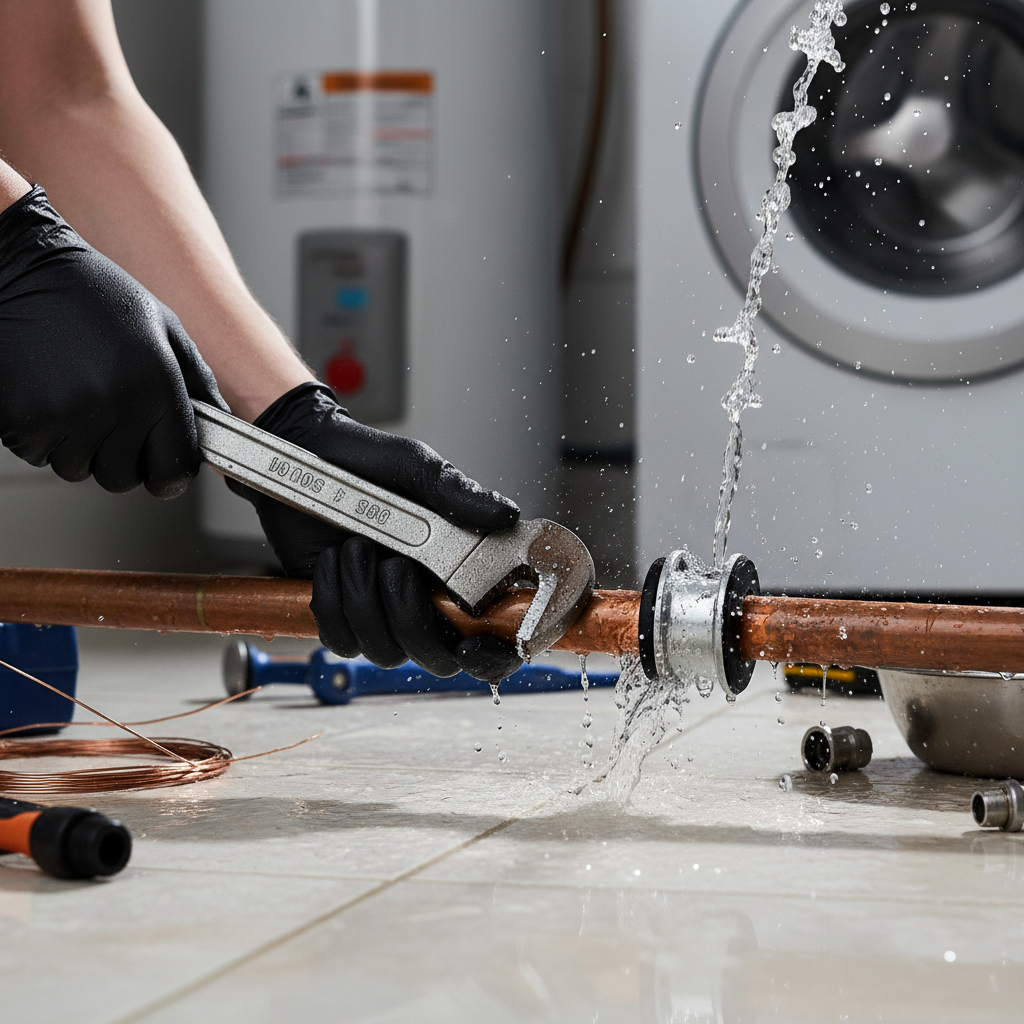 A plumber uses a wrench to work on a leaking pipe with water spraying out, illustrating emergency plumbing services in Derby, CO.